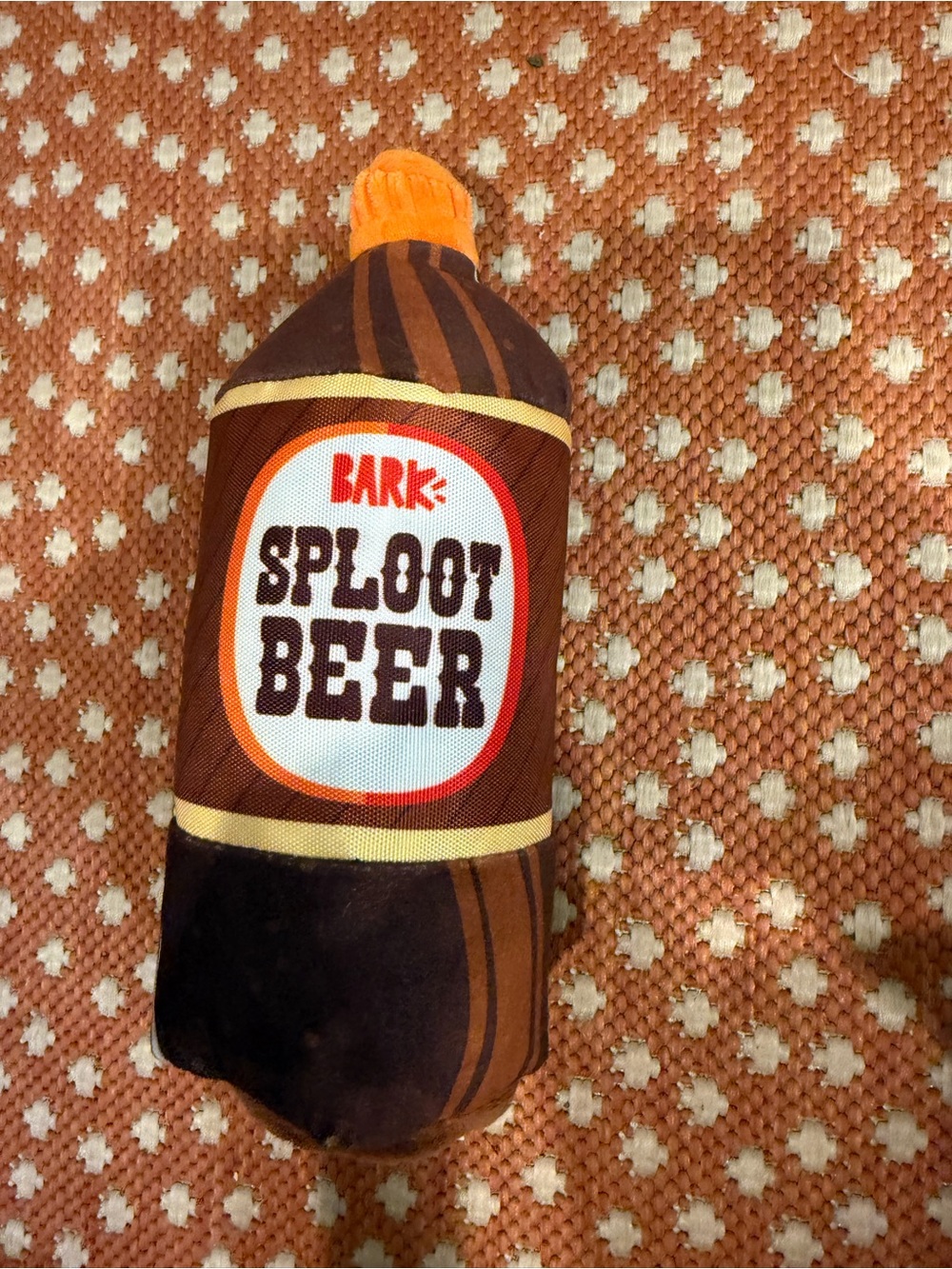 BARK Sploot Beer Plush Dog Toy - Brown & Orange root beer dog toy